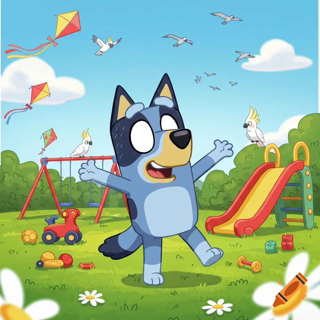 Bluey cartoon character at a colorful playground with a slide, swings, kites, and birds in a bright, sunny scene.