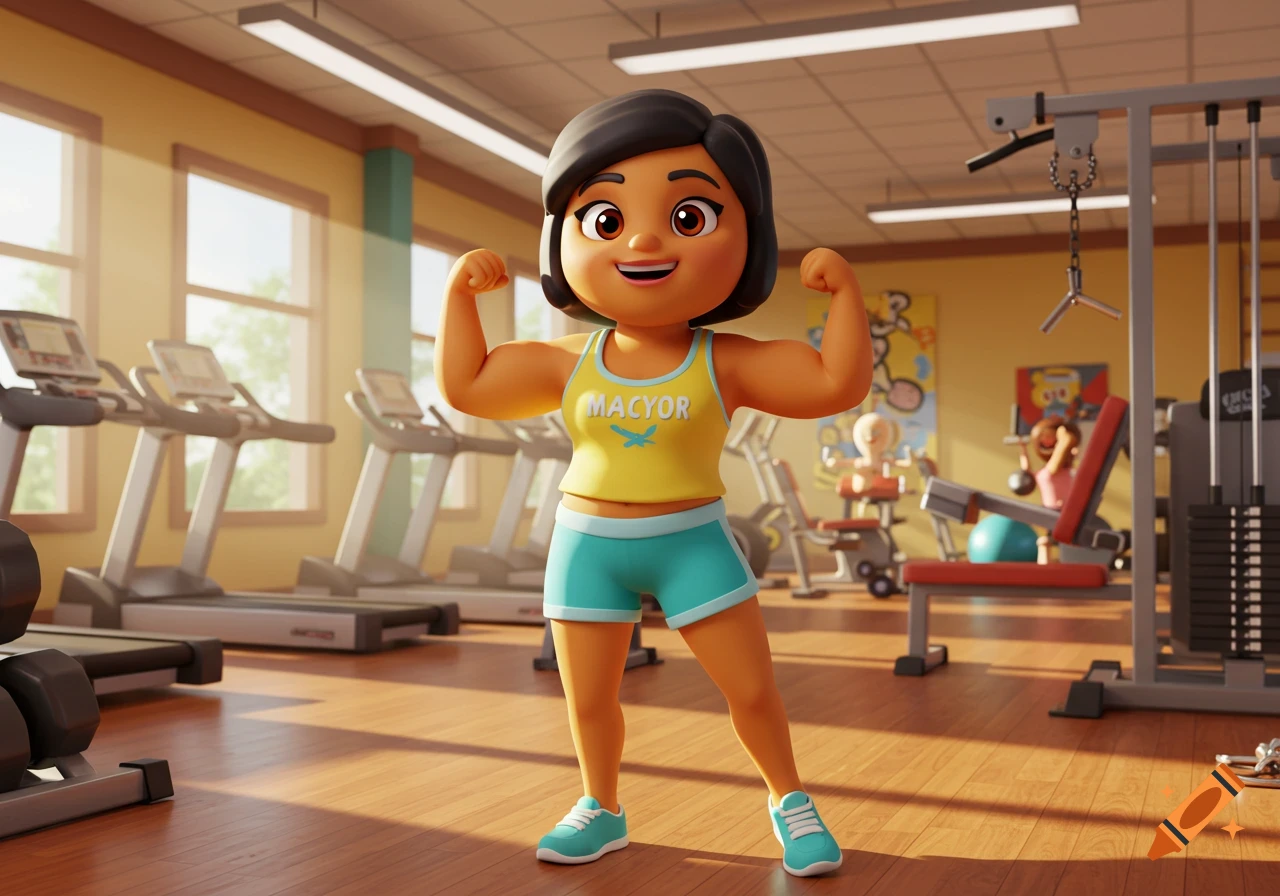 A 3D cartoon character, a smiling female mayor, flexes her biceps in a bright gym with exercise equipment.
