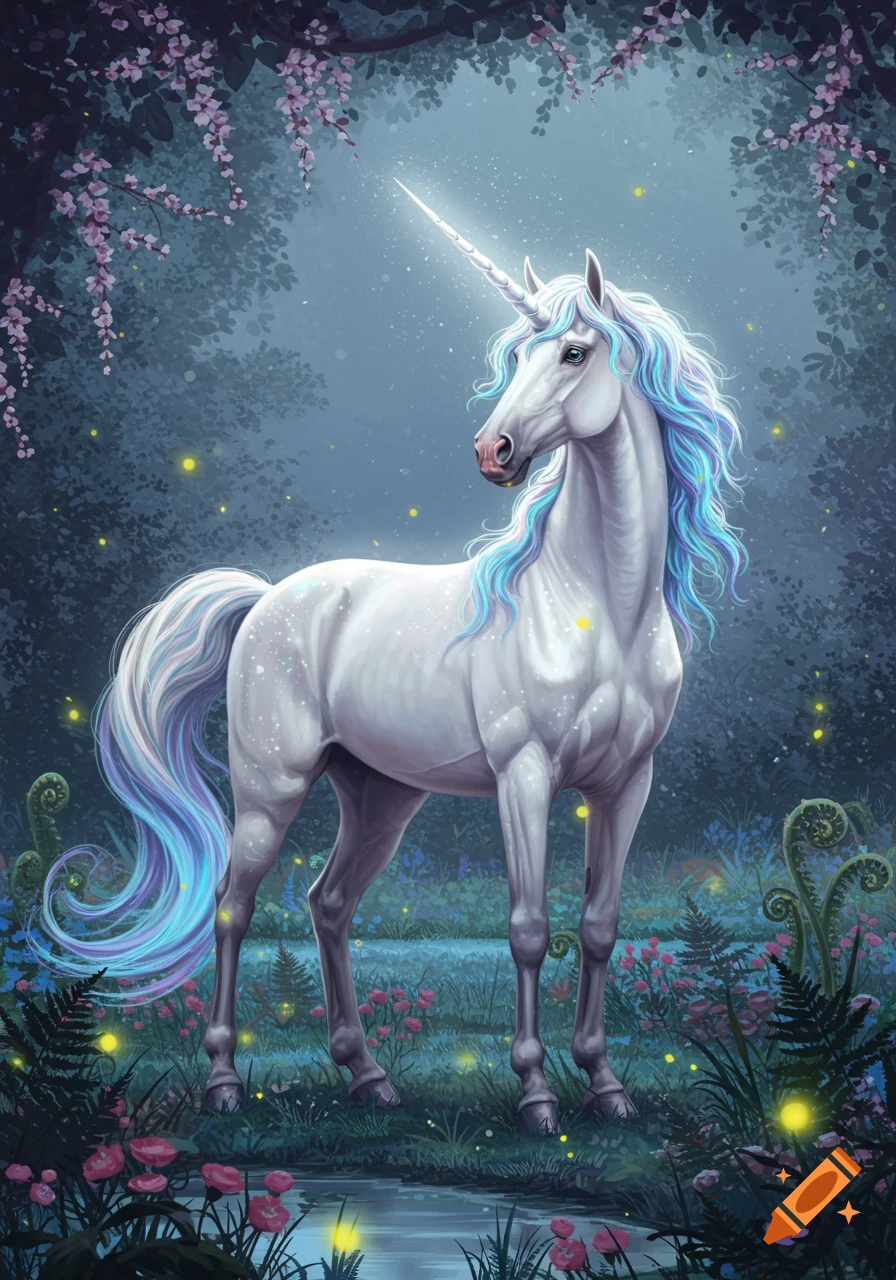 A majestic white unicorn with a glowing horn and flowing blue and purple mane stands in a dark, enchanting forest with fireflies and pink flowers.