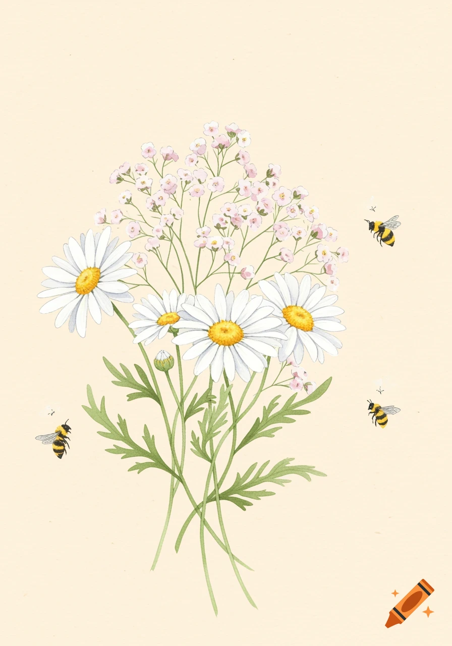 A watercolor illustration of a bouquet of white daisies and pink baby's breath with bees flying around, on a pastel background.
