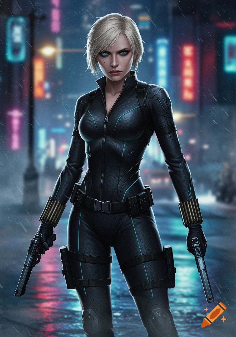 A determined blonde woman in a black suit holds two guns in a rainy, neon-lit city street, digital art.