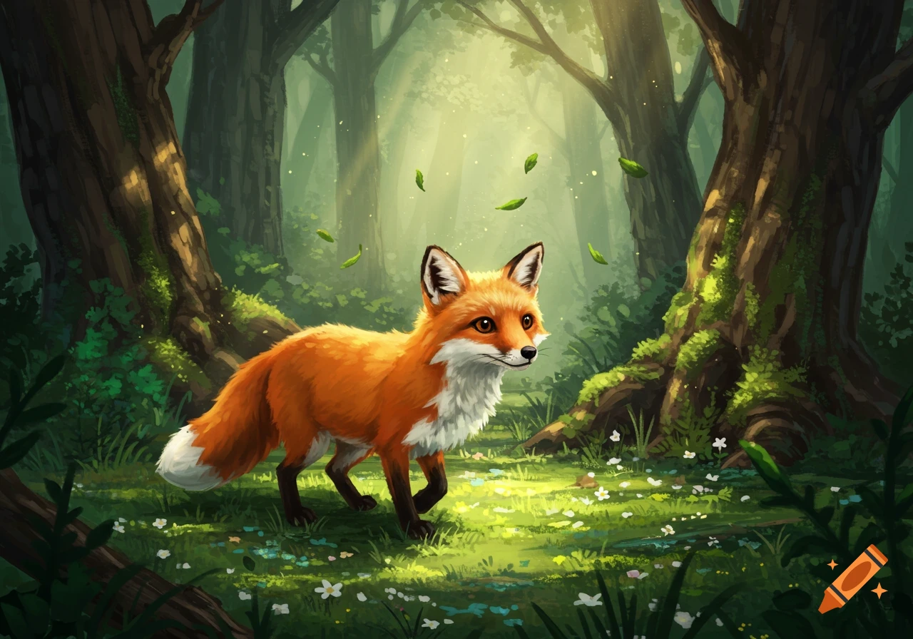 A red fox with white fur on its chest and tail tip walks through a lush, sunlit forest with green leaves falling.