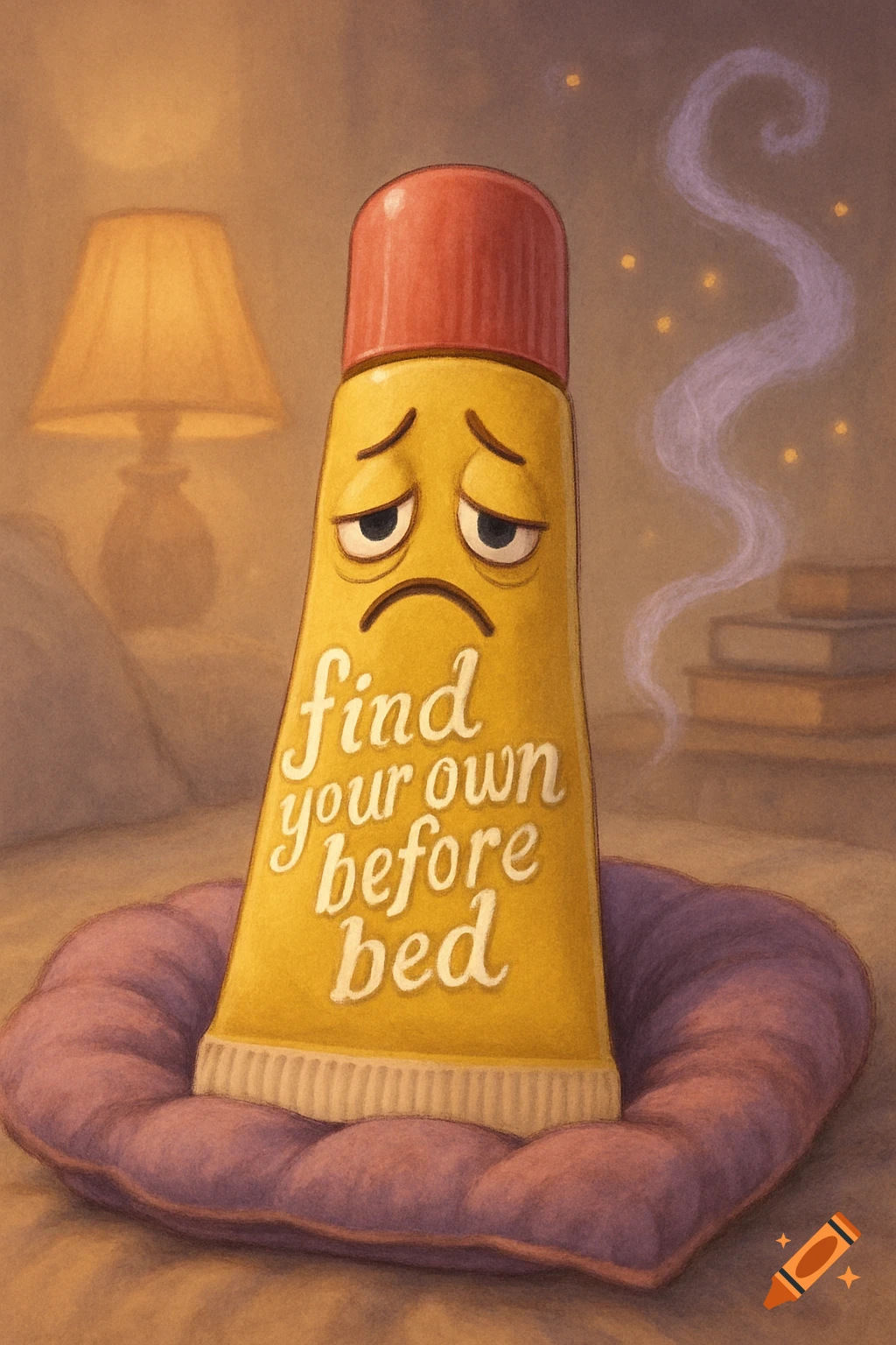 Cartoon illustration of a sad yellow chapstick tube on a purple cushion in a dimly lit bedroom with "find your own before bed" text.