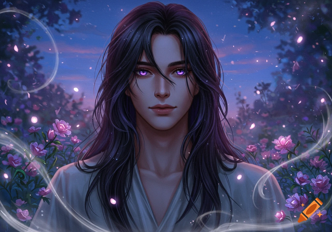 A close-up of a man with long black hair and glowing purple eyes, in a field of pink flowers under a twilight sky with floating particles.