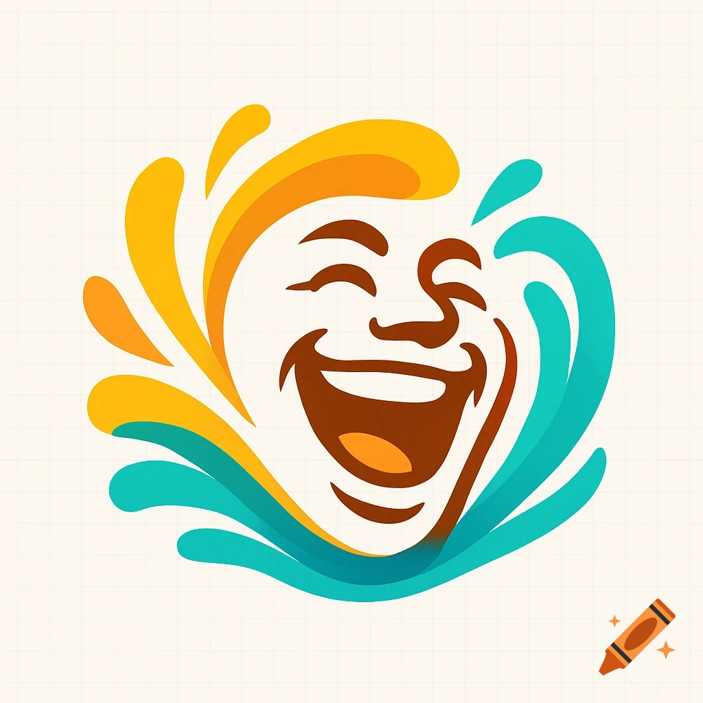 Abstract logo of a laughing face with closed eyes, surrounded by yellow, orange, and teal splashes.
