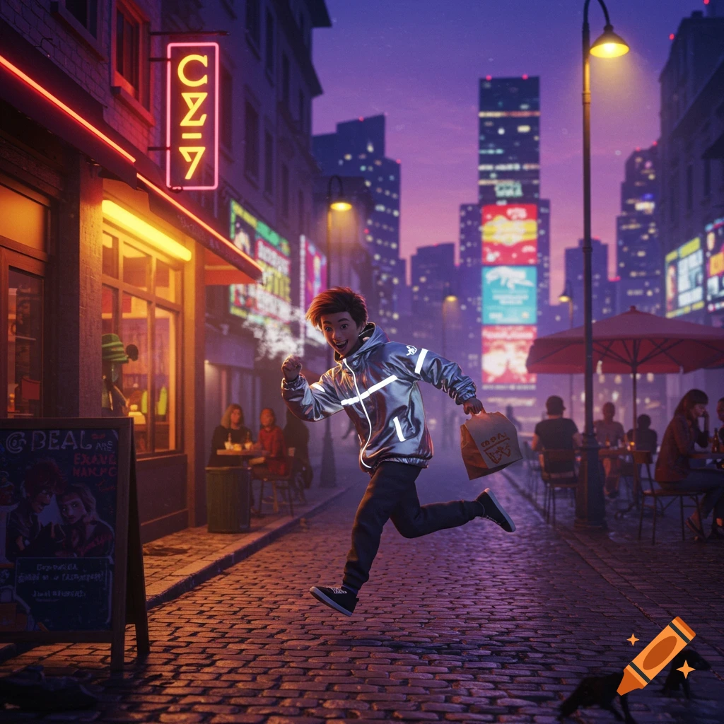 A smiling young person in a silver jacket runs through a neon-lit city street at night, holding a takeout bag.