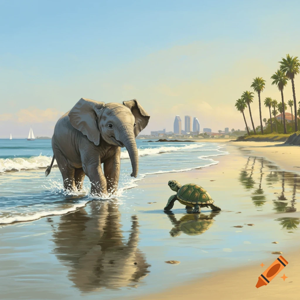A baby elephant walks in the shallow ocean water towards a baby turtle on a sandy beach. Palm trees and a city skyline are in the background.
