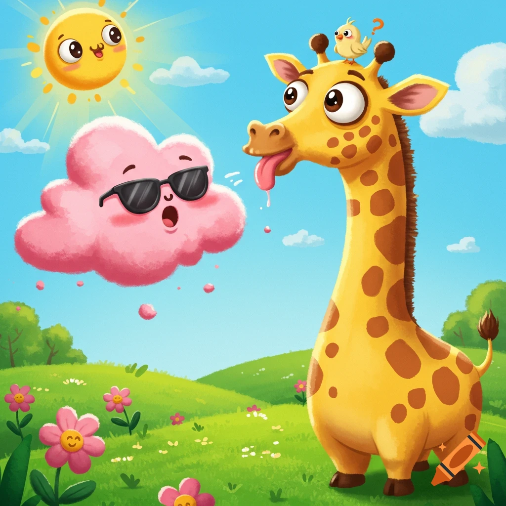 A whimsical cartoon giraffe licks a surprised pink cloud in a sunny green meadow with a sunglasses-wearing sun and a confused bird.