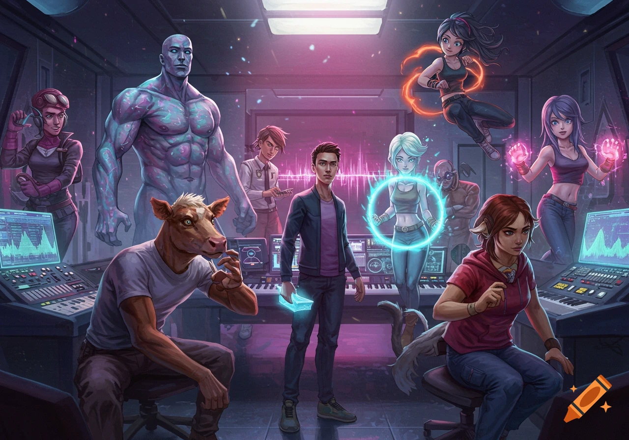 A group of diverse, stylized characters, some human, some anthropomorphic with superpowers, gathered in a futuristic control room with glowing screens and equipment.