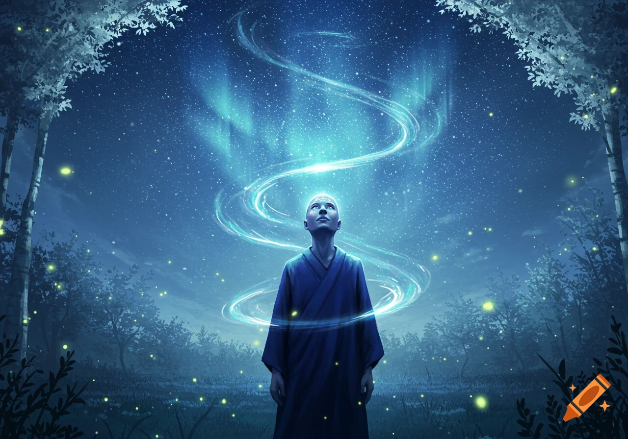 A bald person in blue robes looks up at a starry night sky with glowing blue energy swirling above them in a mystical forest with fireflies.