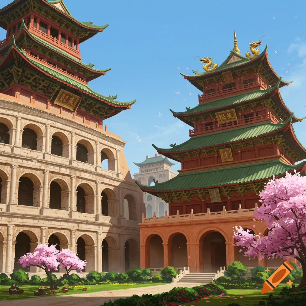 A fantastical landscape blending Roman and Chinese architecture, featuring a Coliseum-like structure next to ornate pagodas with red and green roofs, all surrounded by pink cherry blossom trees and lush green gardens under a clear blue sky.