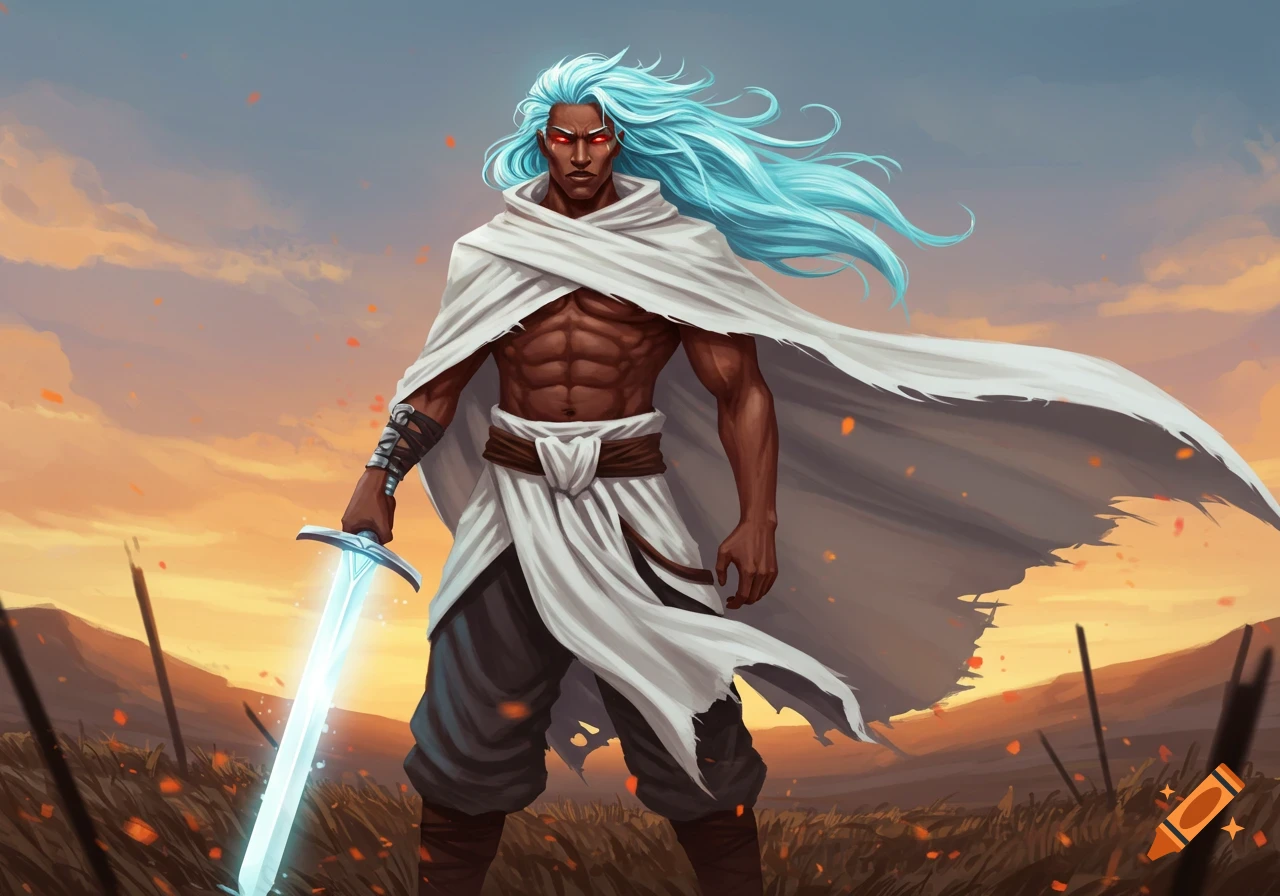 A dark-skinned warrior with red eyes and long, flowing light blue hair stands holding a glowing sword, wearing a white cloak, against a sunset sky.