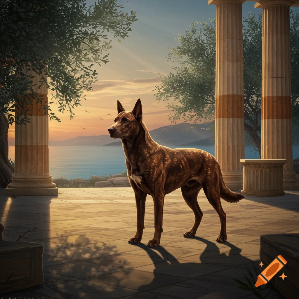 A majestic brown dog stands on a classical stone patio with columns, overlooking a tranquil sea at sunset.