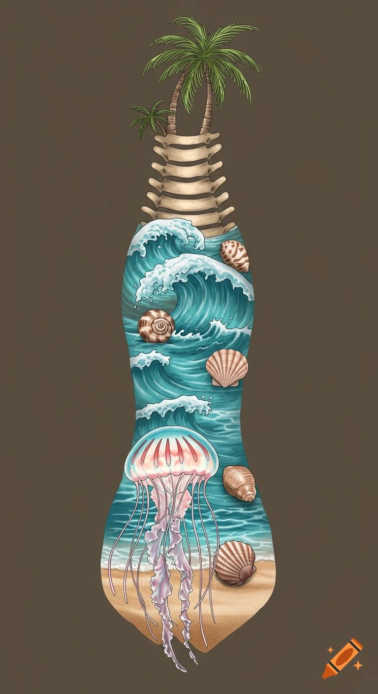 An illustration of a spine morphing into a beach scene with palm trees, ocean waves, seashells, and a jellyfish on sand.
