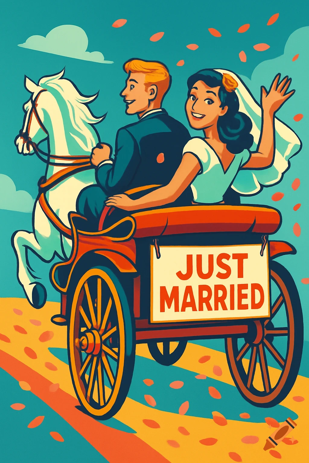 Retro vector illustration of a newlywed couple riding in a horse-drawn carriage with a 'JUST MARRIED' sign, bride waving.