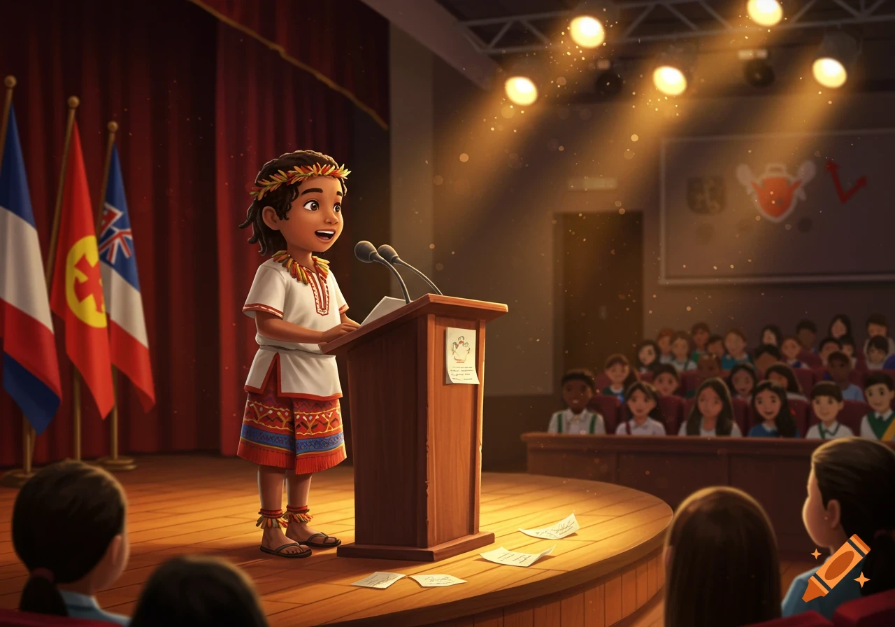 An illustrated child in traditional clothing speaks at a podium on a stage with flags and an audience.