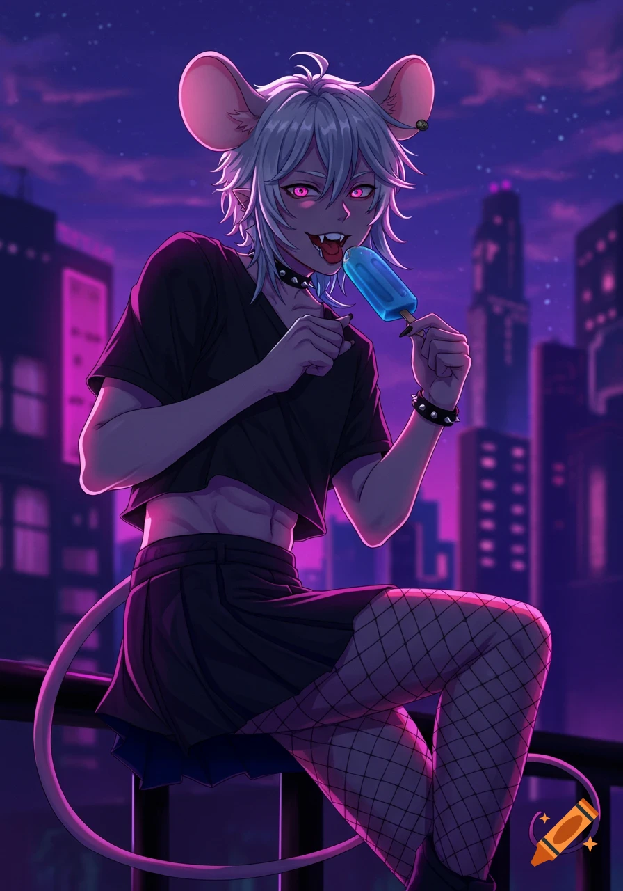 Anime-style character with white hair, mouse ears, and a tail, wearing a black crop top, skirt, and fishnets, licking a blue popsicle against a purple cityscape.