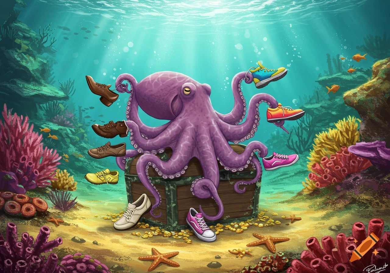 A purple octopus underwater holding various shoes with its tentacles, surrounded by coral and marine life.