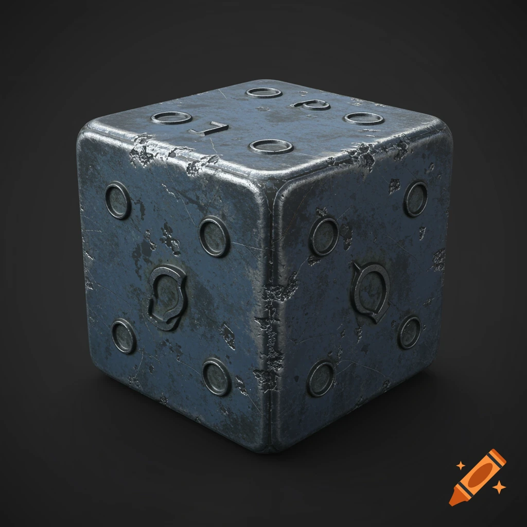 A close-up of a weathered, metallic blue six-sided die with non-standard markings.