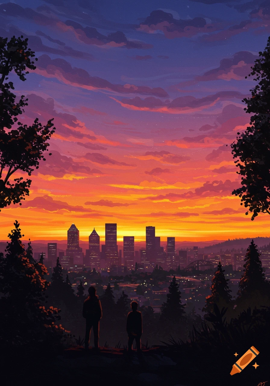 Stylized illustration of two silhouetted figures overlooking a vibrant orange and purple sunset over a distant city skyline.