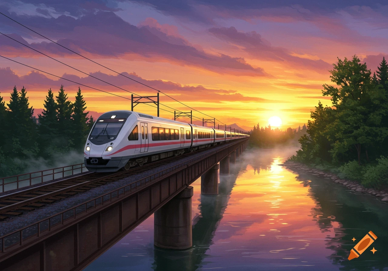 A modern white train with red stripes crosses a bridge over a river at sunset, with a vibrant orange and purple sky and green trees.