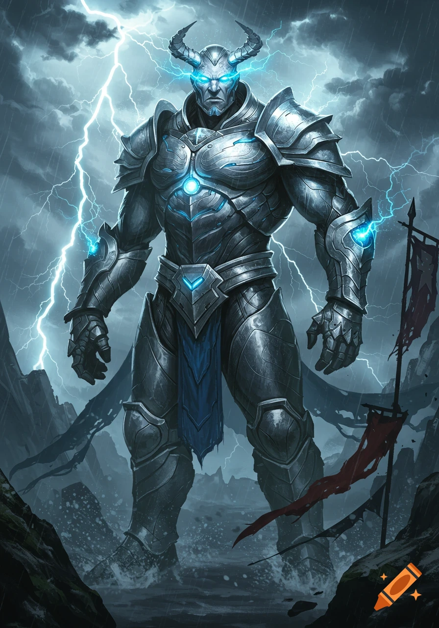 A muscular storm giant in futuristic metal armor with glowing blue eyes and horns, surrounded by lightning in a stormy, mountainous landscape.