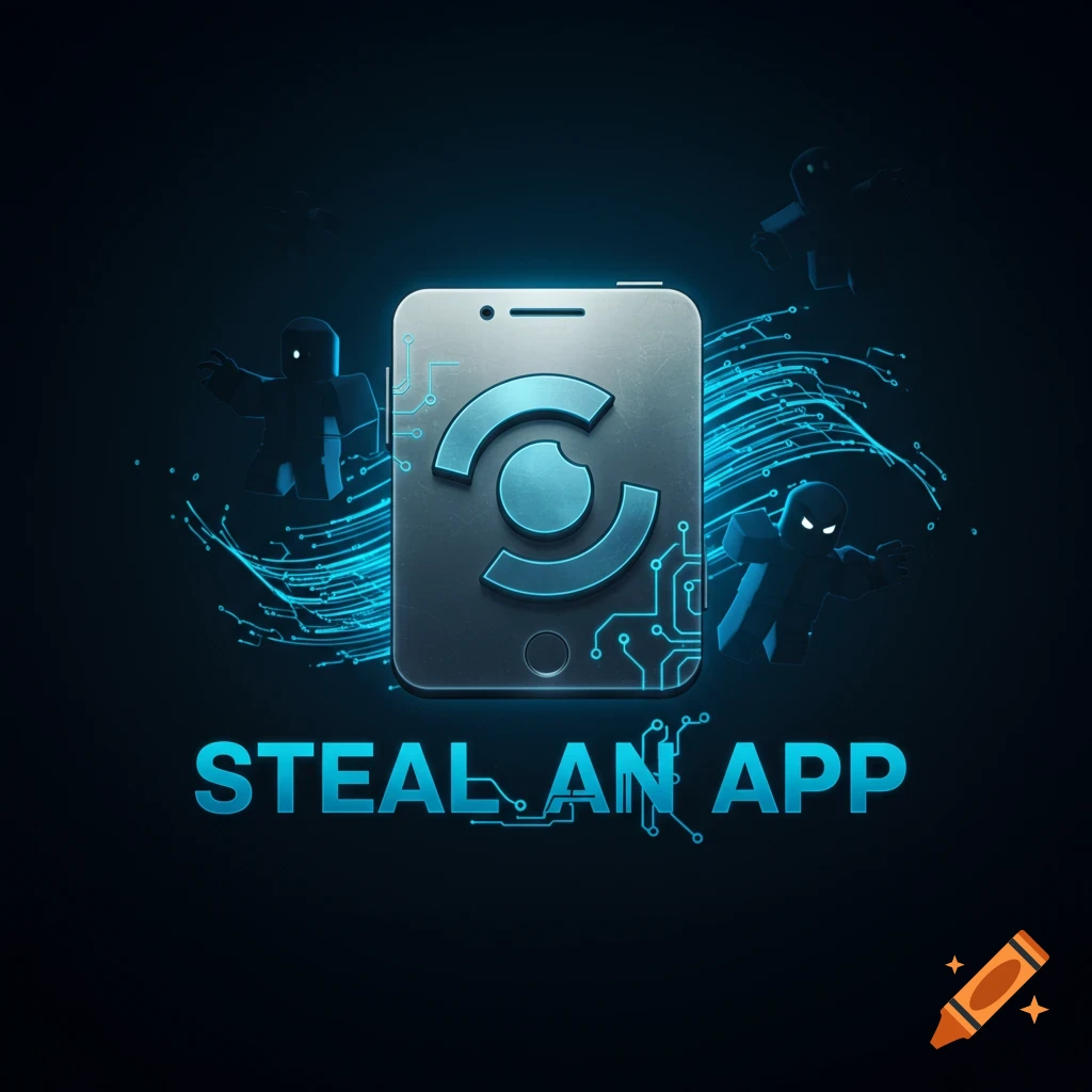 A stylized logo for a game, featuring a silver smartphone with a glowing blue 'C' icon, cybernetic lines, dark shadowy figures, and the text 'STEAL AN APP' below.