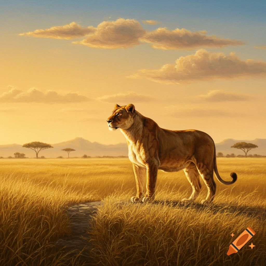 A lioness stands in a golden, sunlit savanna with tall grasses, under a partly cloudy sky at sunset, in a painting style.