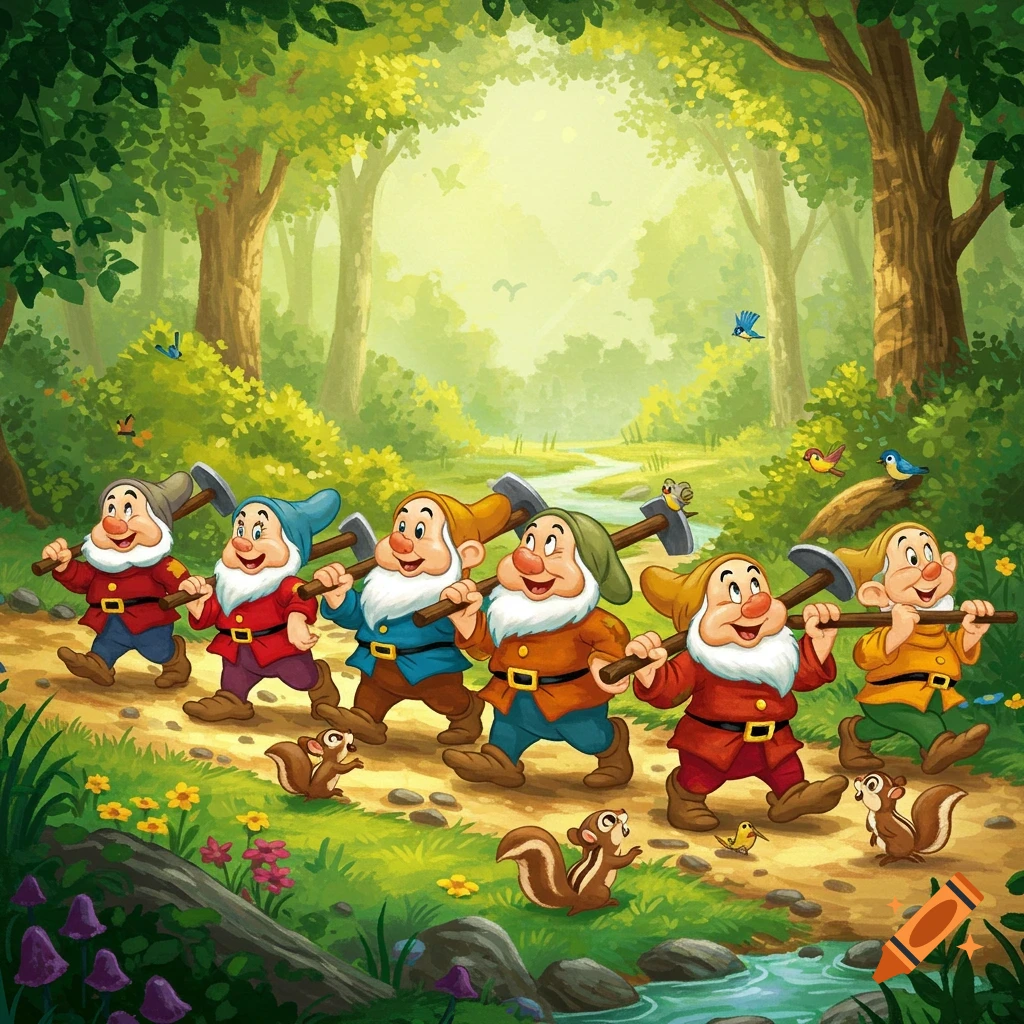 Seven cartoon dwarfs in colorful outfits walk through a sunny forest, carrying pickaxes, accompanied by squirrels and birds.
