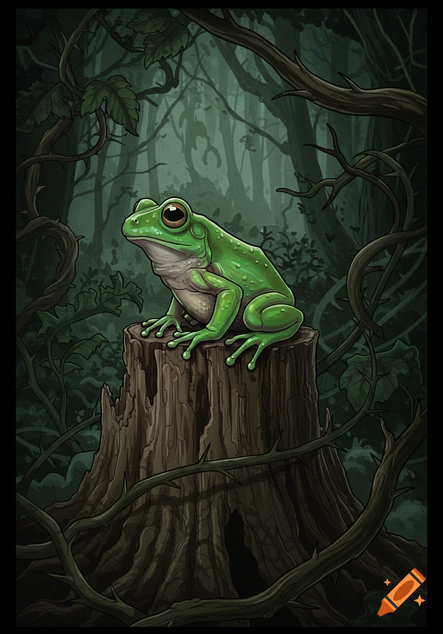An illustrative green frog sits on a tree stump in a dark, tangled forest.