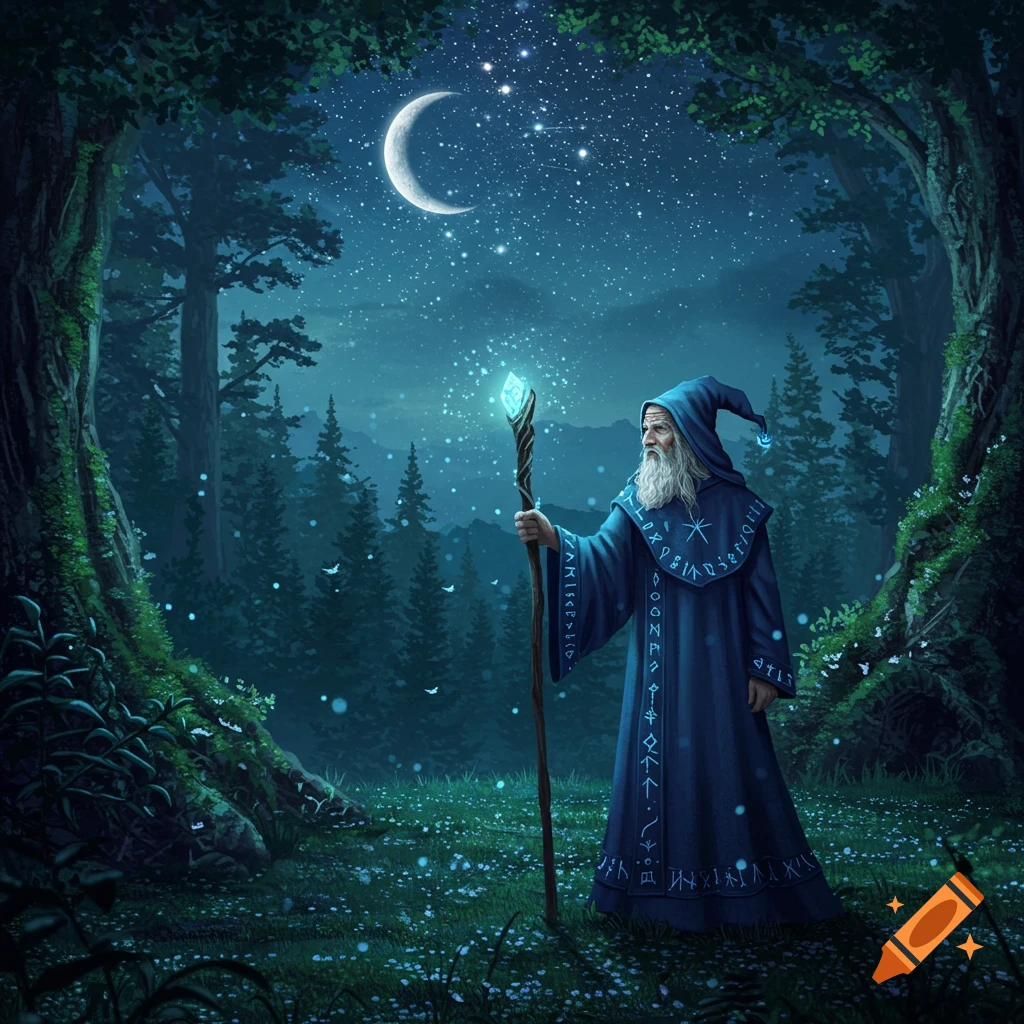 A long-bearded wizard in a blue robe holds a glowing staff in a moonlit, mystical forest with sparkling lights.