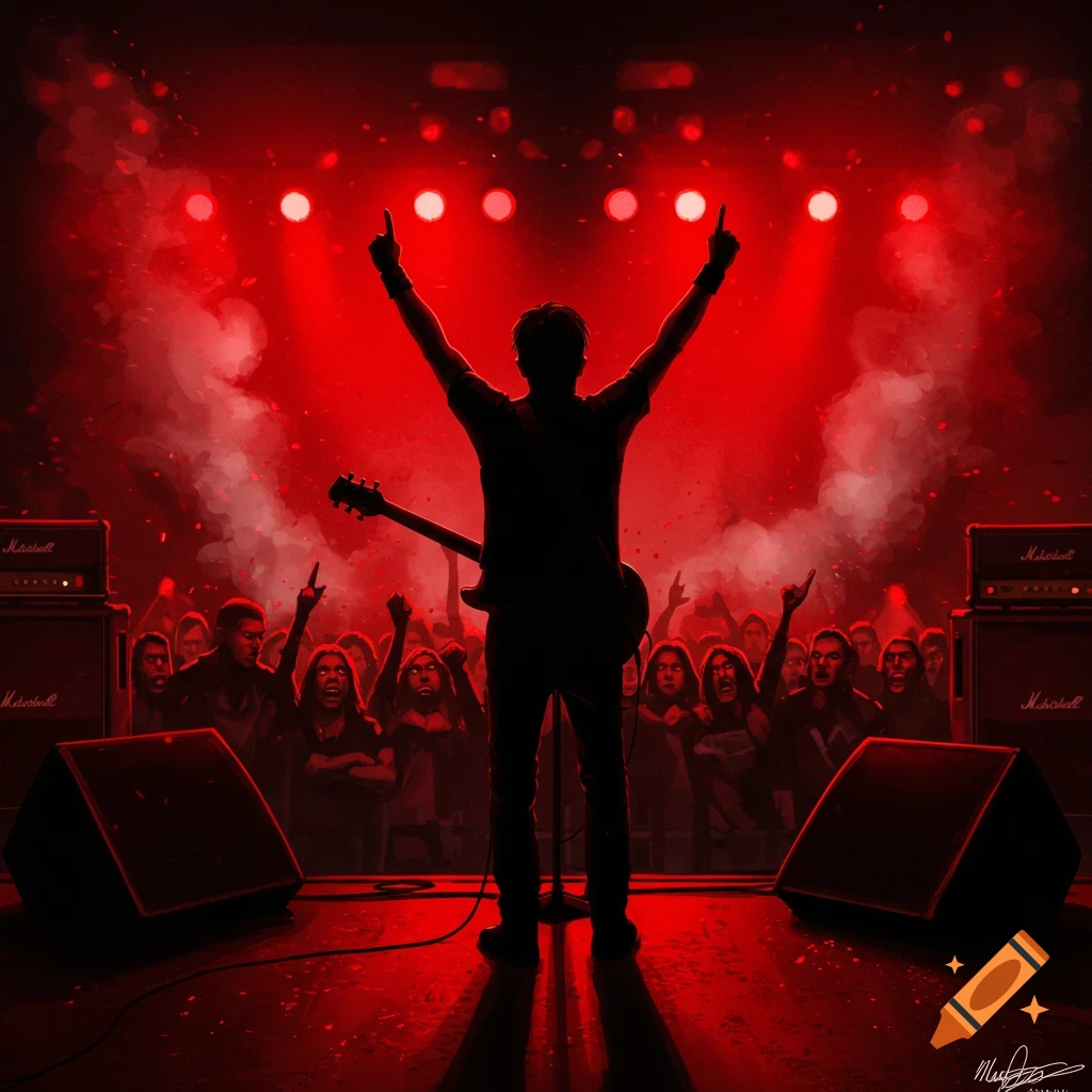 Stylized illustration of a musician on stage, arms raised, facing an angry crowd under intense red lighting.