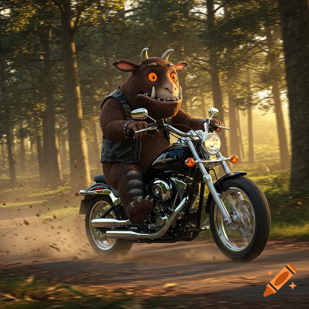 A photorealistic Gruffalo, a large brown monster with horns and orange eyes, rides a black Harley-Davidson style motorbike down a dusty forest path with leaves scattering.