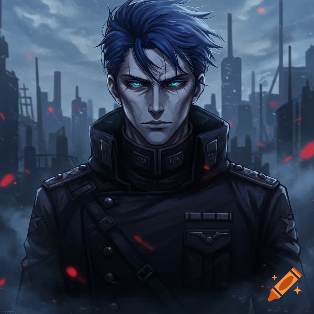 An anime military man with blue hair and glowing blue eyes stands in front of a dark, dystopian city with red sparks.