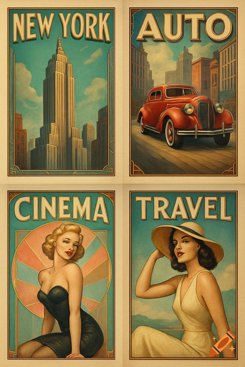 Four vintage art deco posters showing New York City, a classic red car, a woman for cinema, and a woman for travel.
