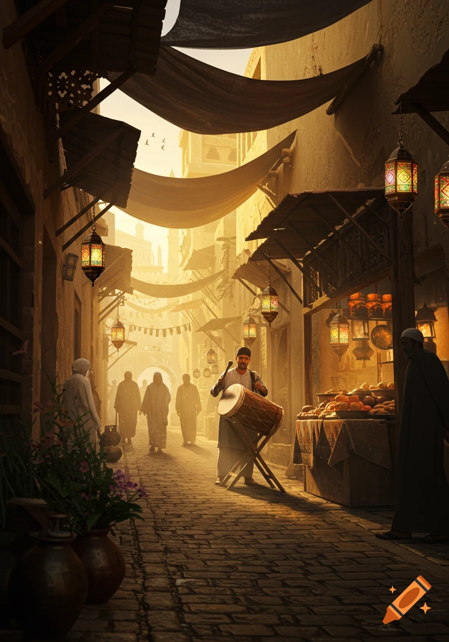 A man plays a large drum in a narrow, bustling market street illuminated by warm, dusty light and hanging lanterns.