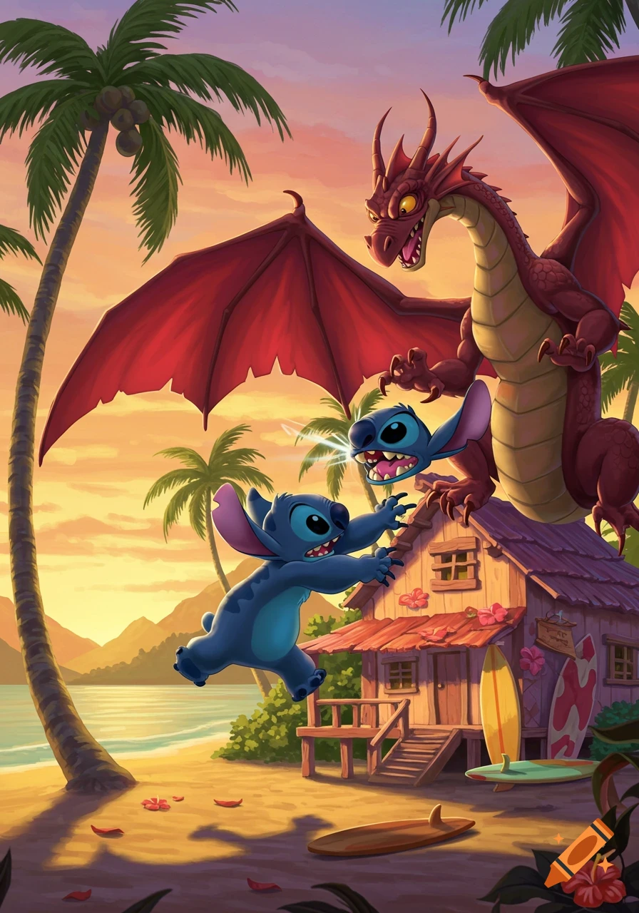 A vibrant cartoon illustration shows Stitch jumping towards a red dragon on the roof of a beach house at sunset, with palm trees and ocean in the background.
