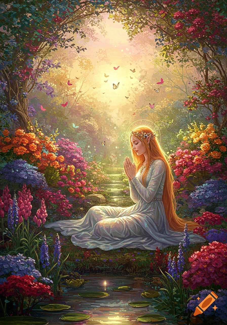 A serene elf-like woman with long red hair and a halo sits praying in a vibrant, sunlit fantasy garden filled with colorful flowers and butterflies.