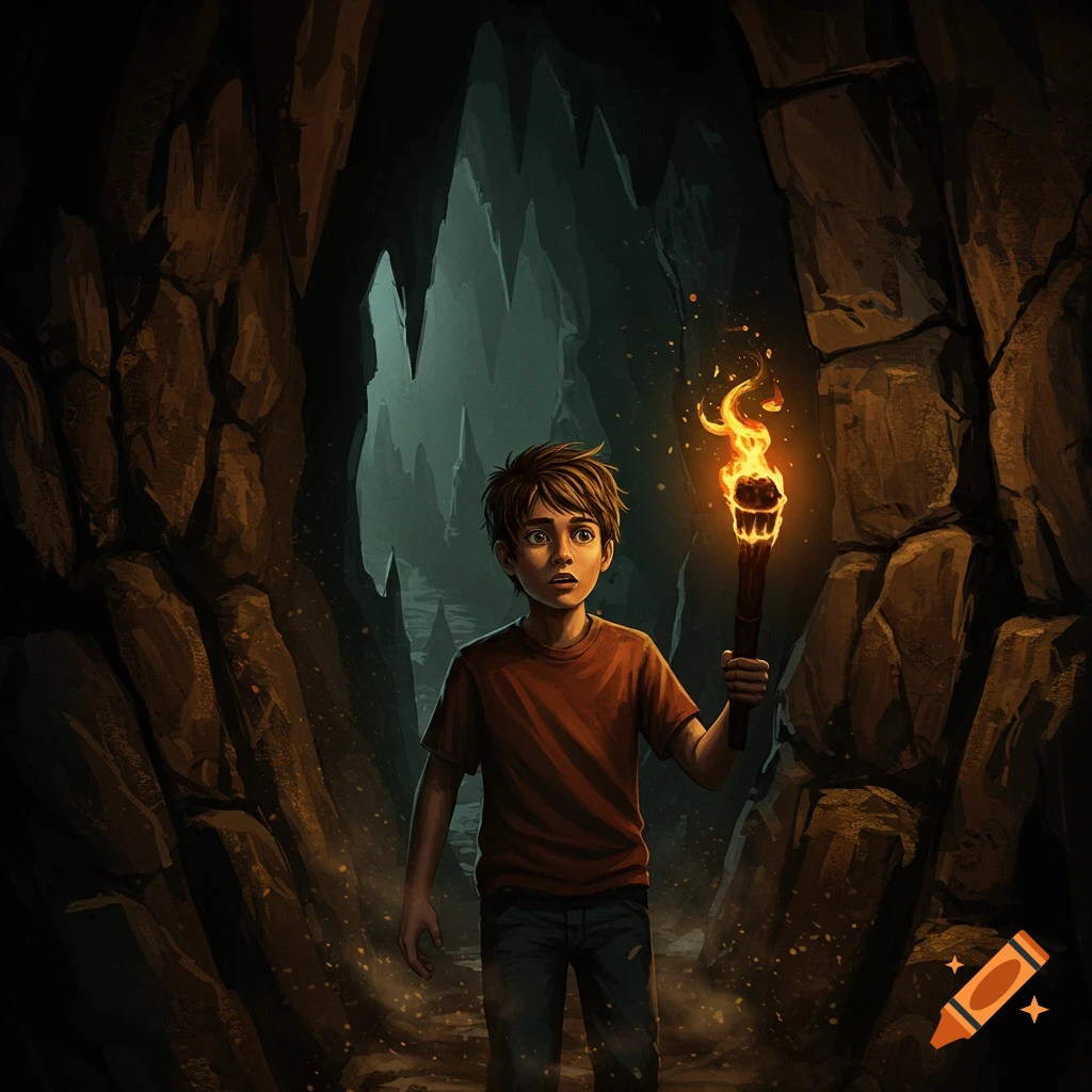 A teenage boy holding a torch stands in a dark, rocky cave, looking surprised.