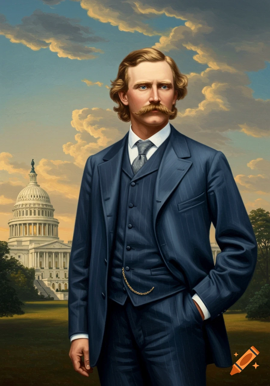 A photorealistic portrait of a man with a mustache in a blue suit, standing in front of the US Capitol Building under a cloudy sky.