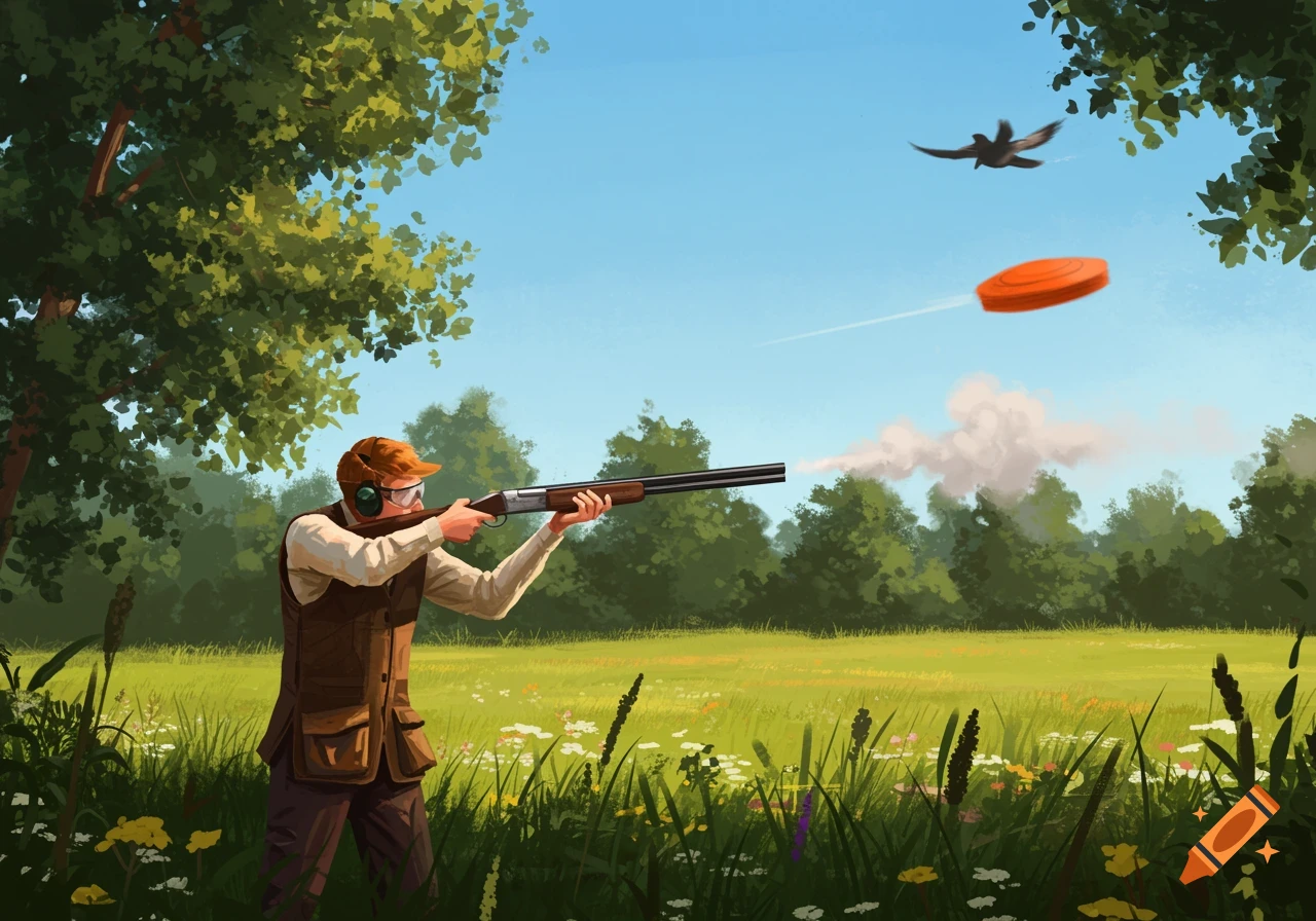 A man in a field aims a shotgun at a flying orange clay pigeon, smoke billowing from the barrel, digital illustration.