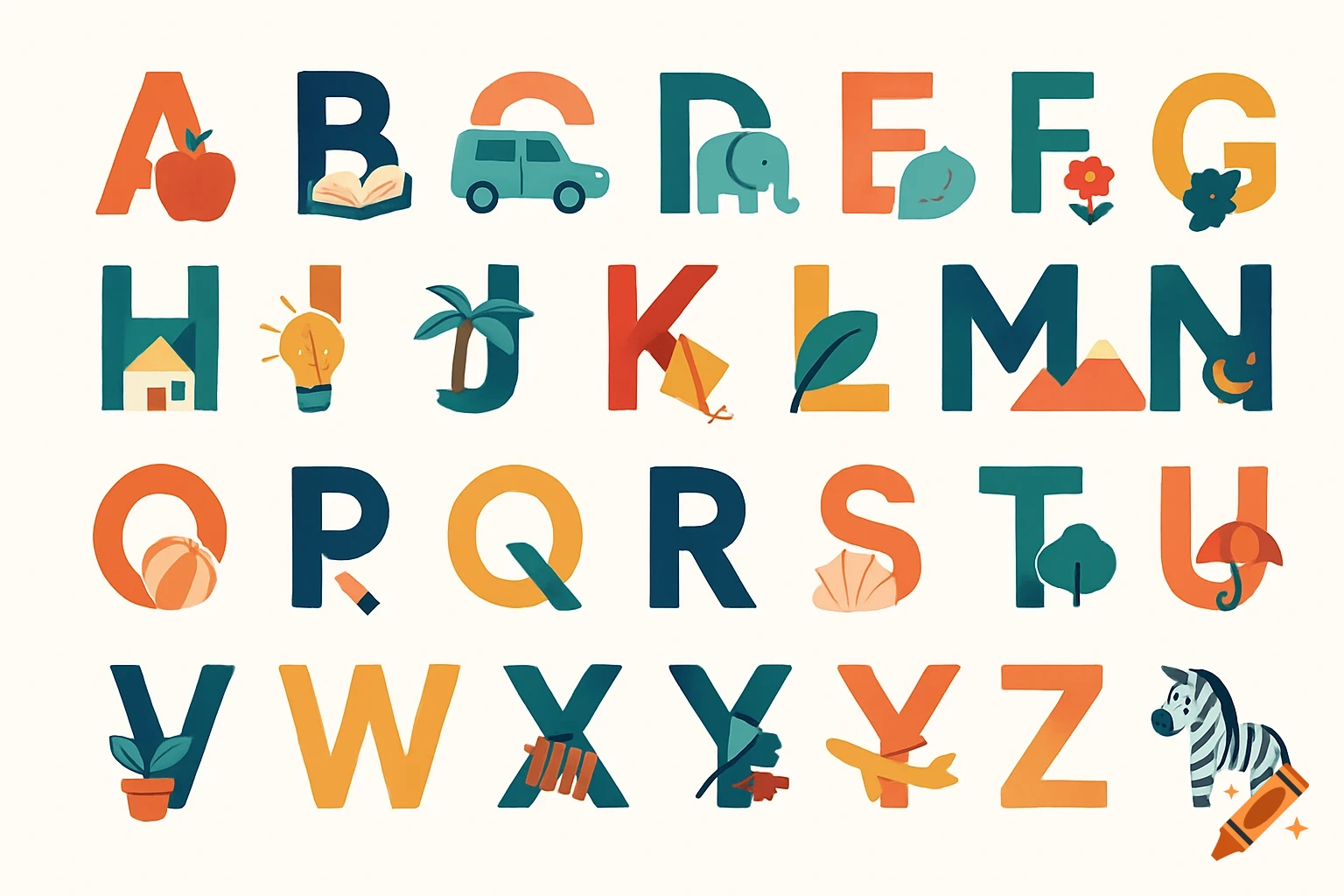 A colorful alphabet illustration with an object starting with each letter, such as an apple for A, a book for B, and a car for C.