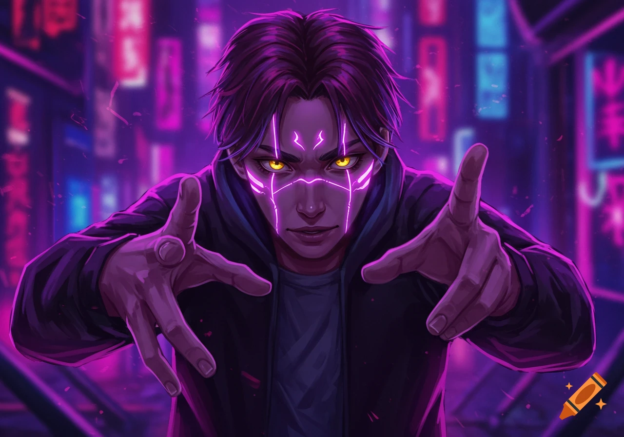 A male figure with glowing yellow eyes and purple face markings, hands outstretched, in a neon cyberpunk city.