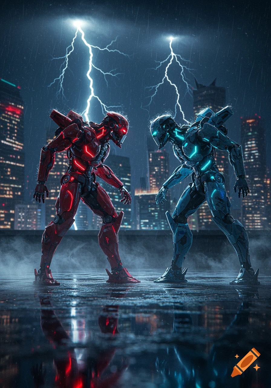 Two red and blue futuristic robots face off on a rainy city rooftop under a lightning storm.