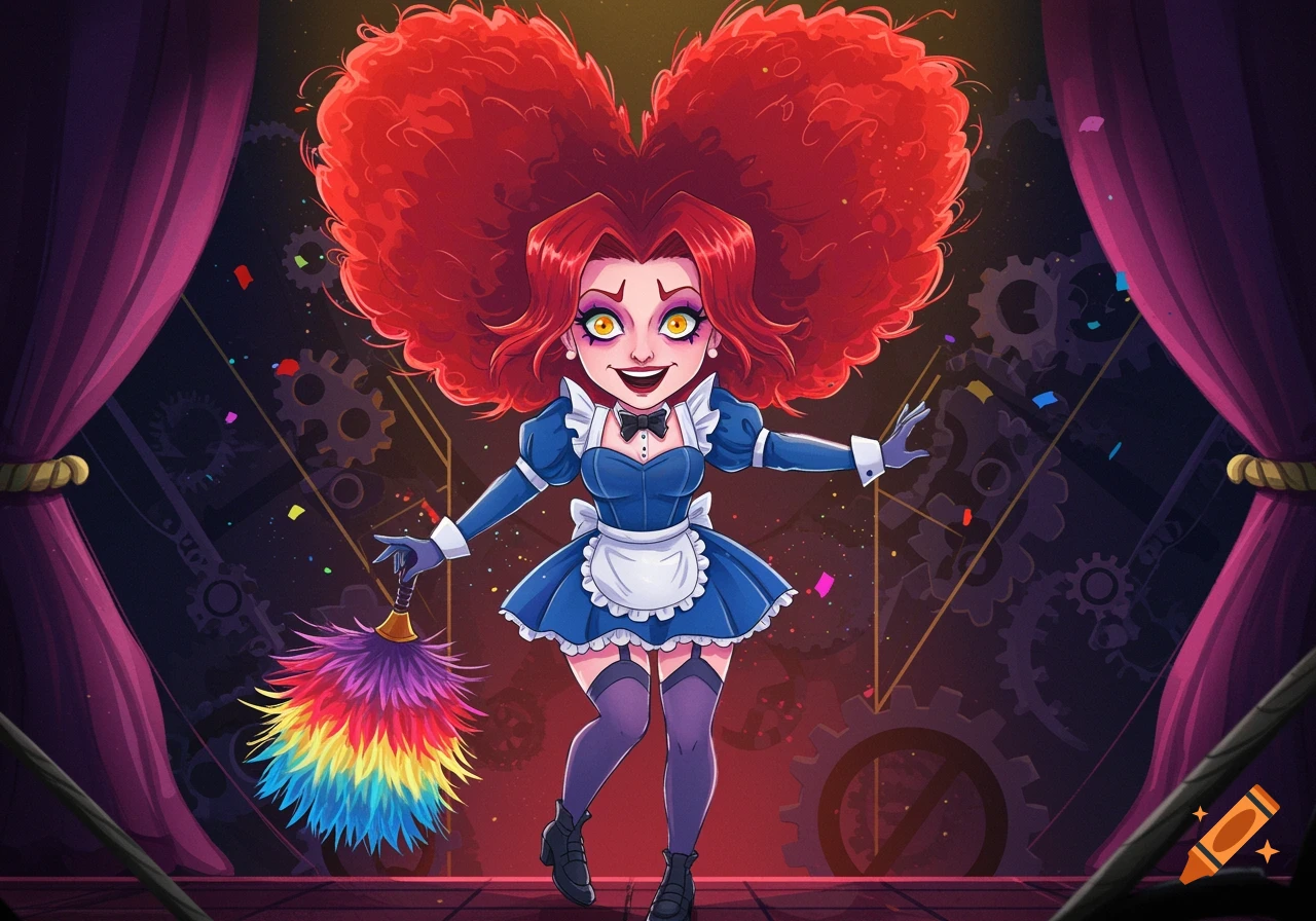 A cartoon character with large heart-shaped red hair, yellow eyes, a blue maid dress, and stockings, smiles on a stage.