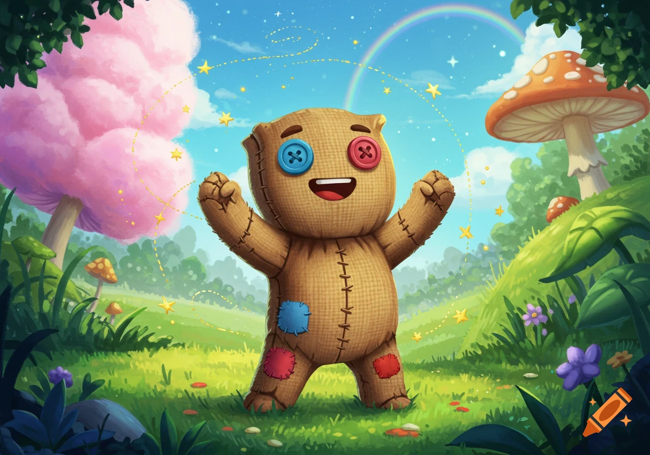 A happy sack boy character with button eyes and patches stands in a vibrant green fantasy field with mushrooms and a rainbow.