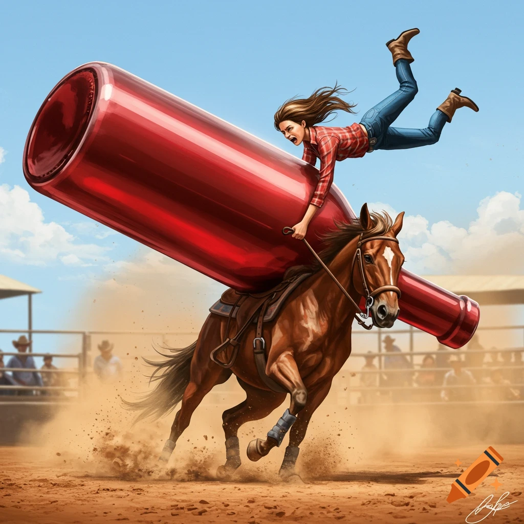 A woman in mid-air falls from a galloping horse in a rodeo arena, clinging to a giant red bottle. Stylized illustration.