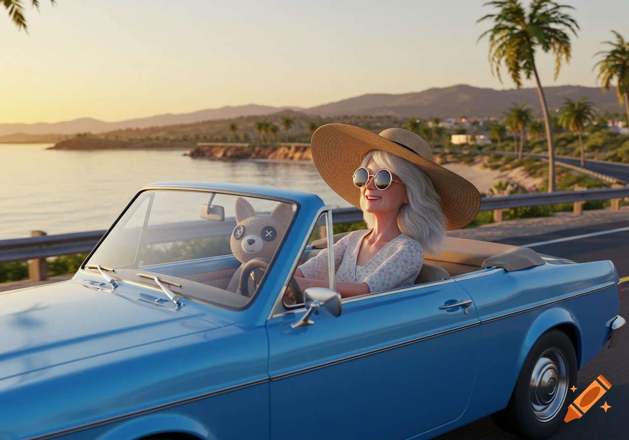 A smiling older woman in a wide-brimmed hat and sunglasses drives a blue convertible with a plush toy in the passenger seat along a scenic coastal road at sunset.