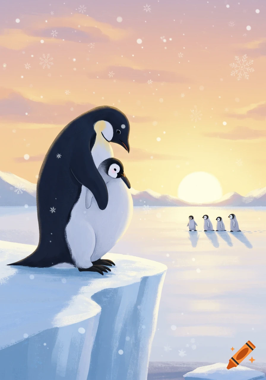 A cartoon penguin mom and chick embrace on a snowy ice cliff, with other penguins waddling in the distance under a warm sunset.