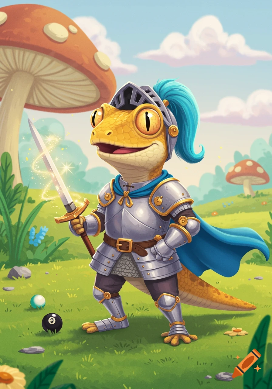 A cute cartoon lizard knight stands smiling in a grassy field with large mushrooms, holding a glowing sword.